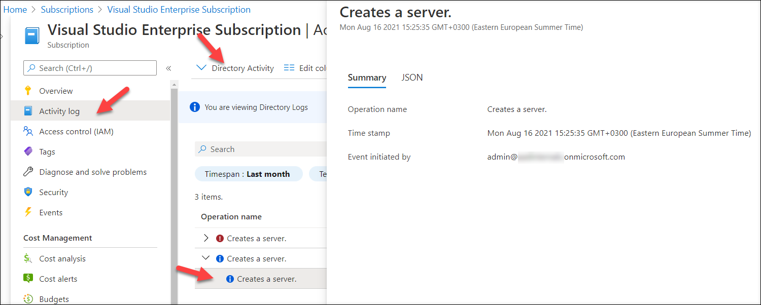Azure Directory Activity log
